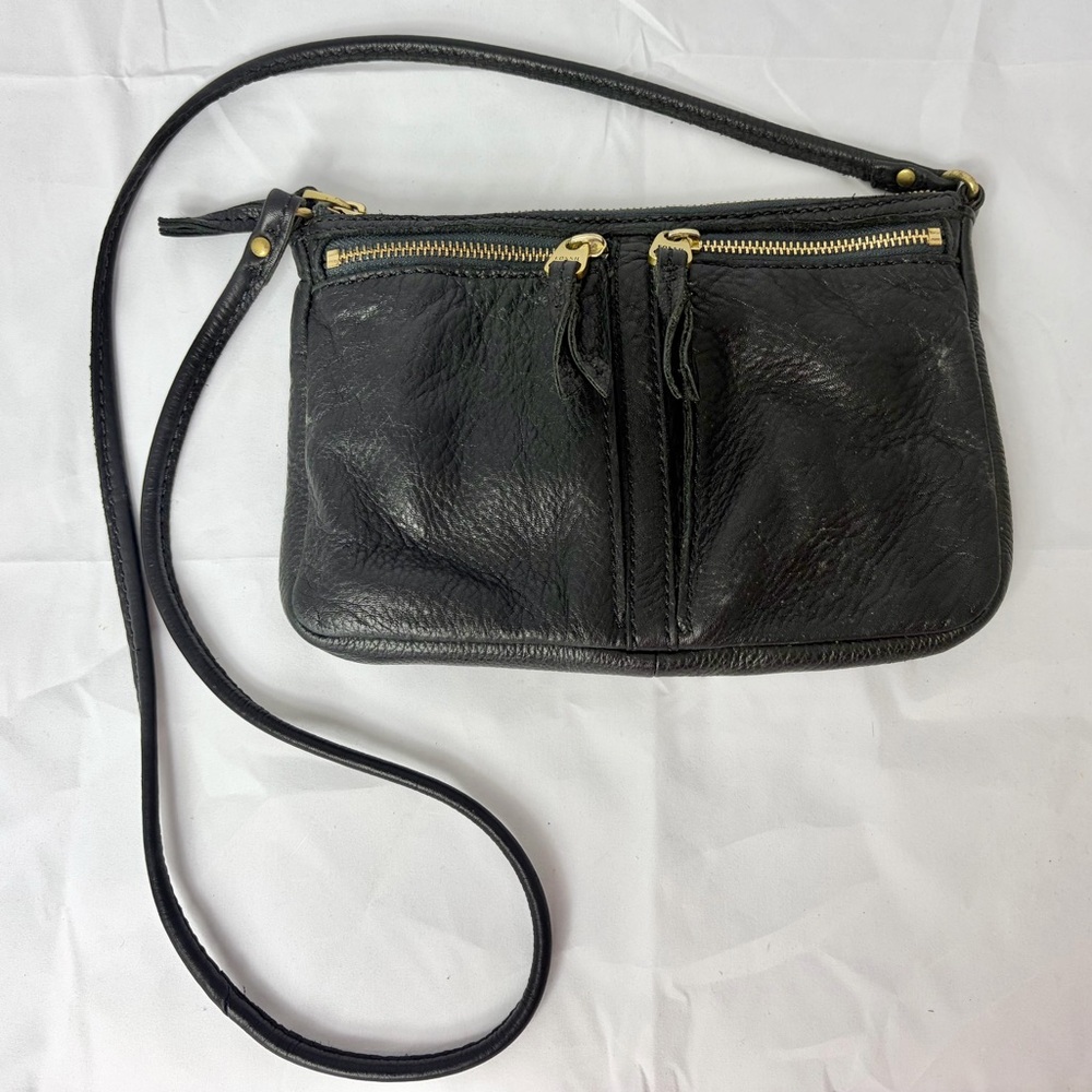 Black Leather Crossbody Bag with Dual Zip Pockets